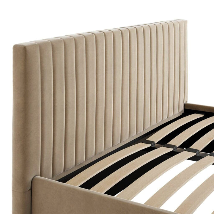 Harriet Low Beige Velvet Channelled Ottoman Bed Beds and Headboards 