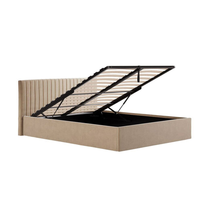Harriet Low Beige Velvet Channelled Ottoman Bed Beds and Headboards 