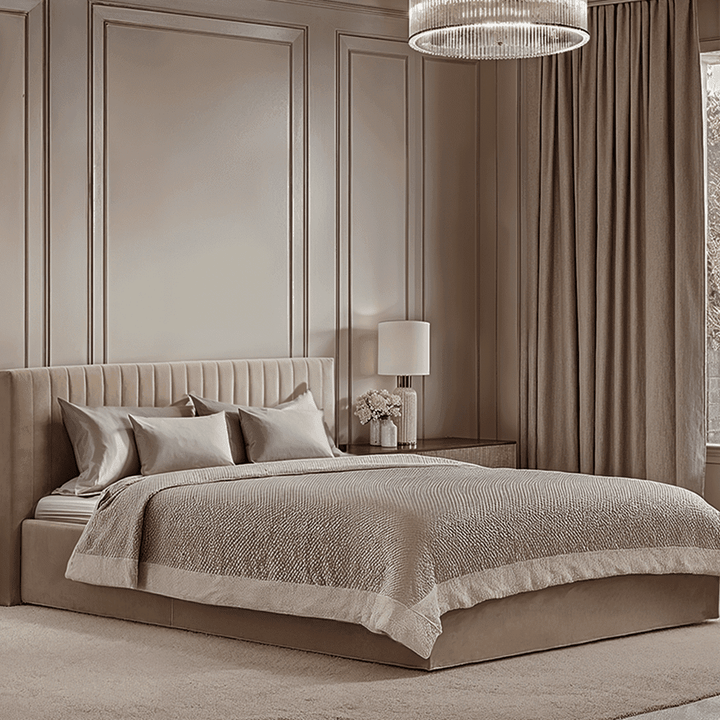 Harriet Low Beige Velvet Channelled Ottoman Bed Beds and Headboards 