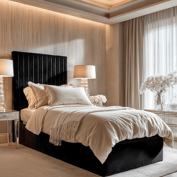 Harriet Single Black Velvet Channelled Ottoman Bed Beds and Headboards 