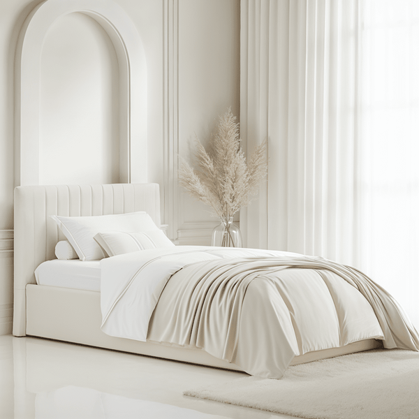 Harriet Single Ecru Velvet Channelled Ottoman Bed Beds and Headboards 