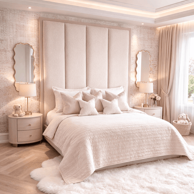 Harrington Almond Woven Channelled Headboard with Soft Pink Frame Beds and Headboards 