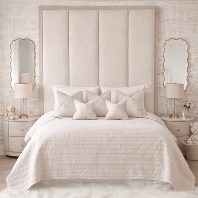 Harrington Almond Woven Channelled Headboard with Soft Pink Frame Beds and Headboards 