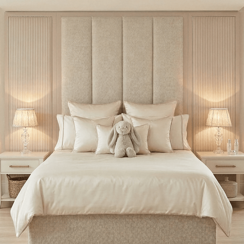 Harrington Almond Woven Channelled Headboard with Soft Pink Frame & Pi ...