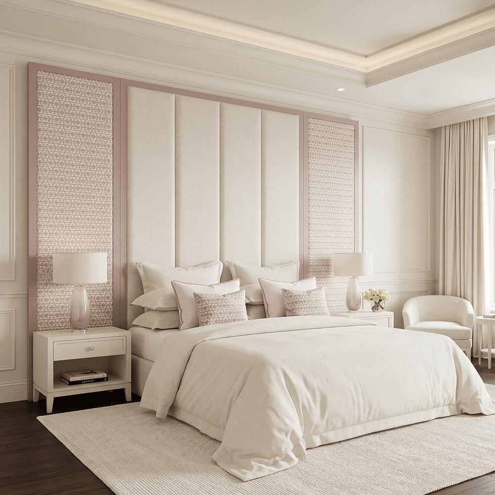 Harrington Natural Woven Channelled Headboard with Mauve Frame & Pink Geometric Accent Wings 