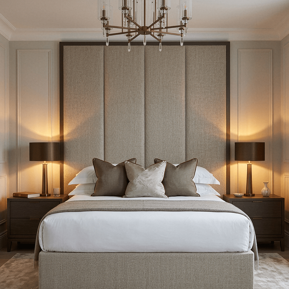 Harrington Pumice Woven Channelled Headboard with Dark Taupe Frame 
