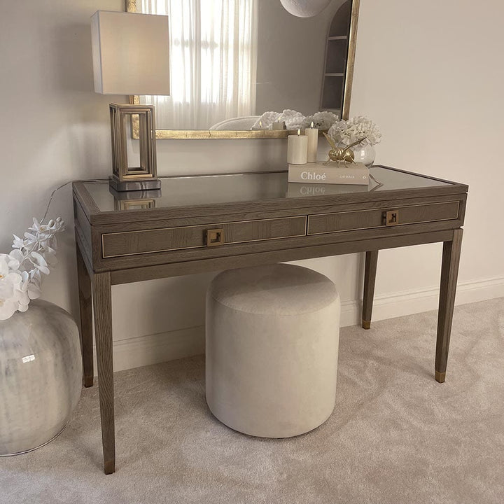 Haye 2 Drawer Chestnut & Gold Dressing Table with Glass Top Haye 2 Drawer Chestnut & Gold Dressing Table with Glass Top