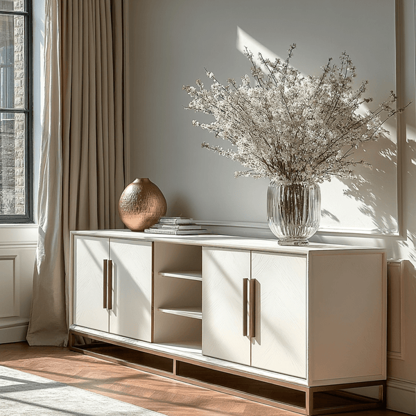 Helena Luxury Cream Oak Veneer 4 Door Sideboard with Brass Detailing Furniture 