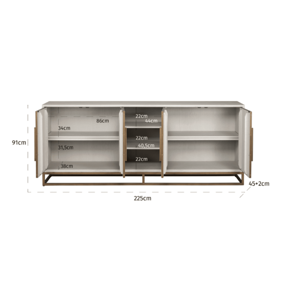 Helena Luxury Cream Oak Veneer 4 Door Sideboard with Brass Detailing Furniture 