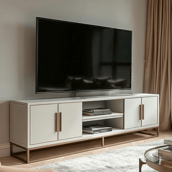 Helena Luxury Cream Oak Veneer 4 Door TV Unit with Brass Detailing Furniture 