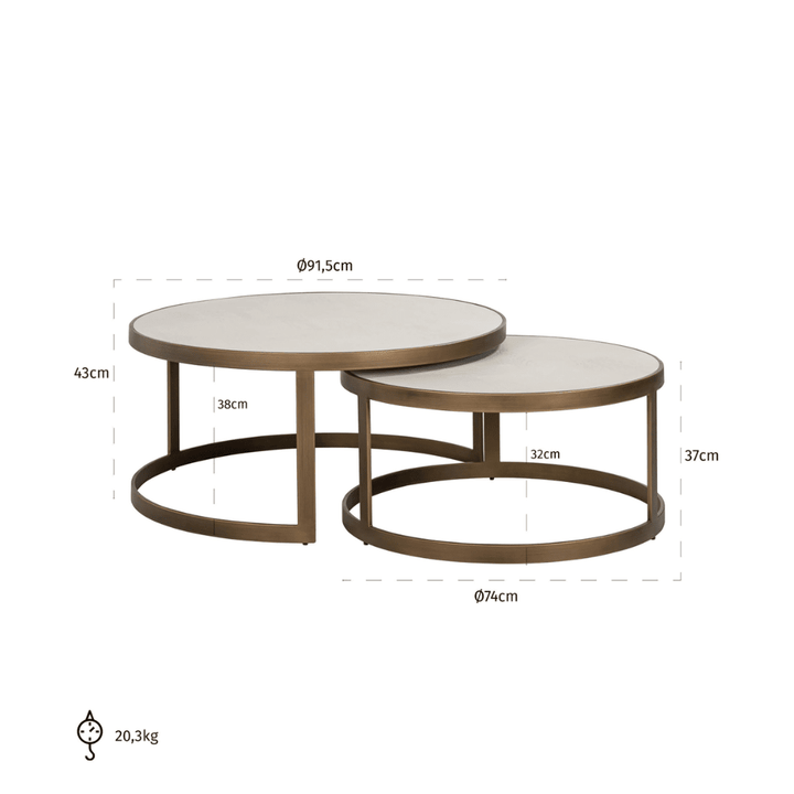 Helena Luxury Cream Oak Veneer Nested Coffee Tables with Brass Detailing Furniture 