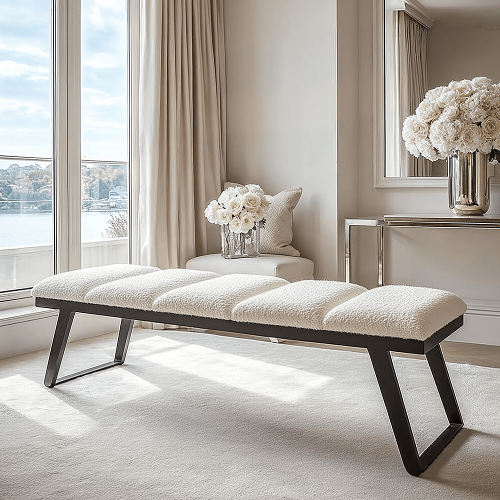 Henley Luxury Cream Boucle Channelled Bench with Black Legs Furniture 