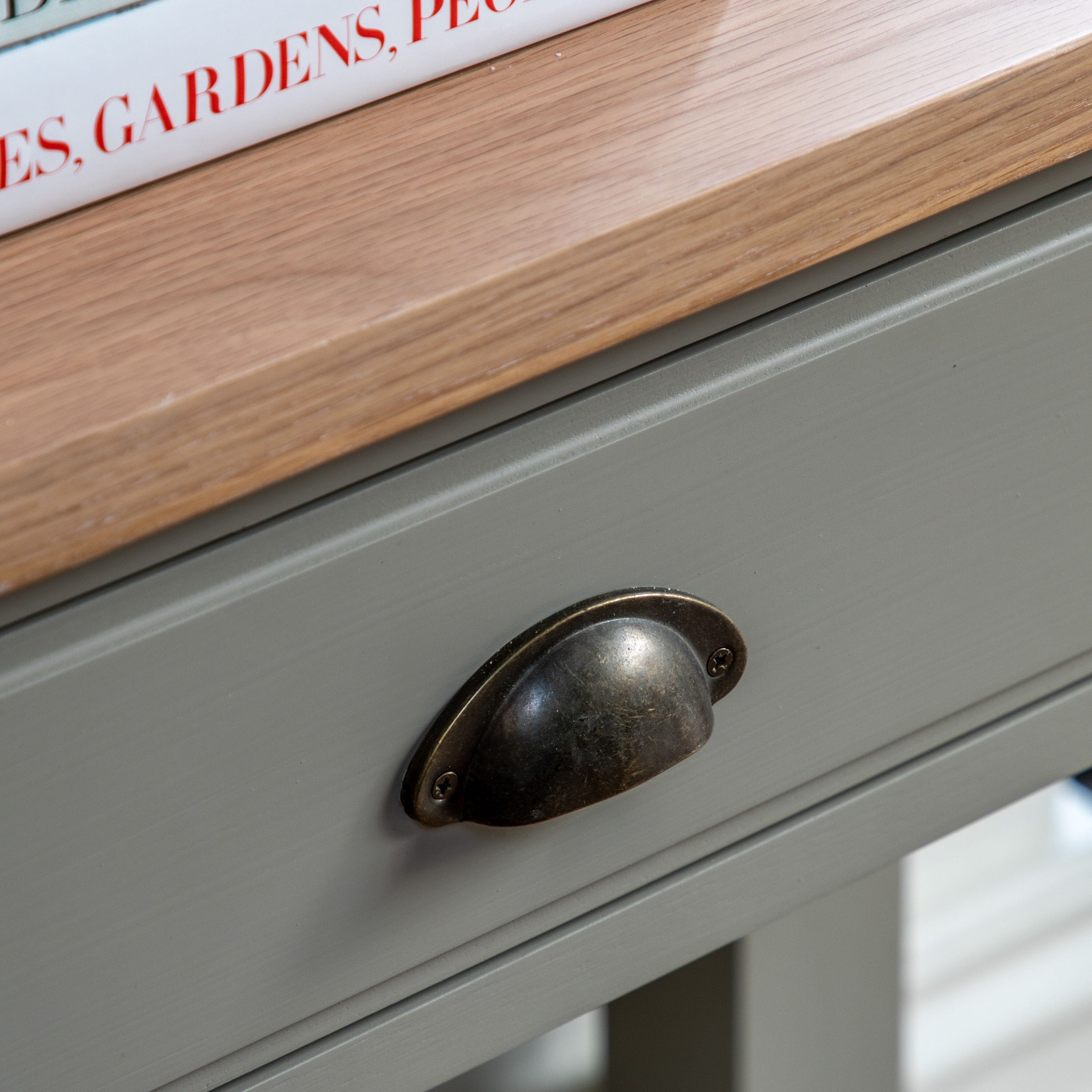 Highclere Sage Green Painted 2 Drawer Console Table with Oak Top Furniture 