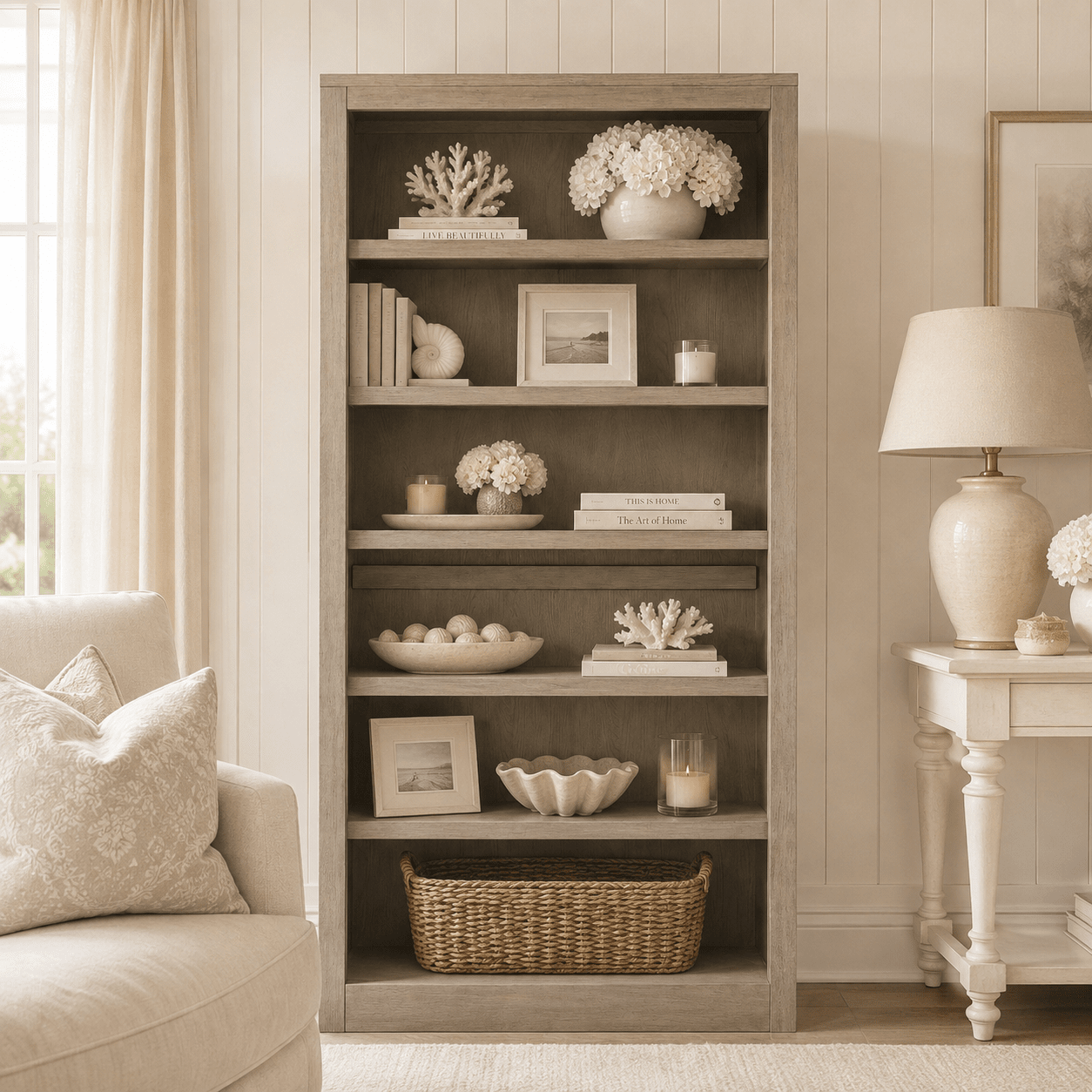Hudson Greige Wooden Shelving Unit / Bookcase Furniture 