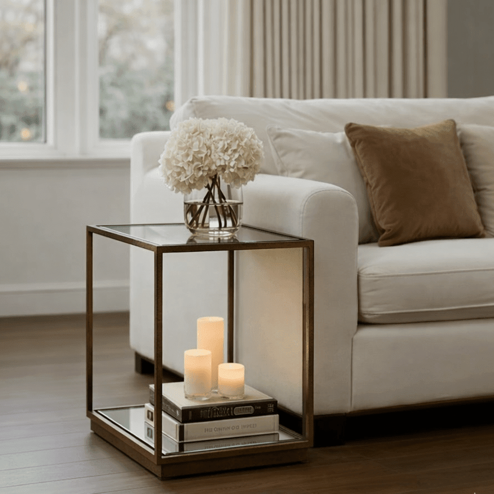 In Stock - Alpha Bronze & Glass Side Table with Mirrored Shelf Furniture 