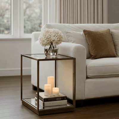 In Stock - Alpha Bronze & Glass Side Table with Mirrored Shelf Furniture 