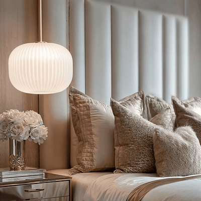 In Stock - Bellamy White Glass & Gold Ribbed Glass Circular Pendant Ceiling Light Lighting 