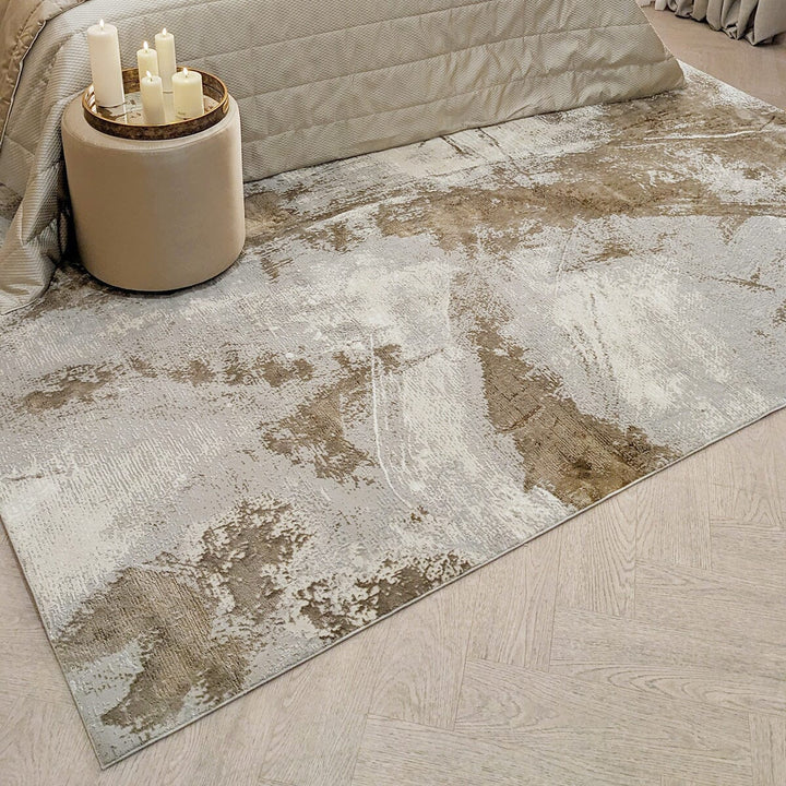 In Stock - Biscotti Luxury Abstract Cream & Mink Metallic Rug - 80x150cm Textiles 