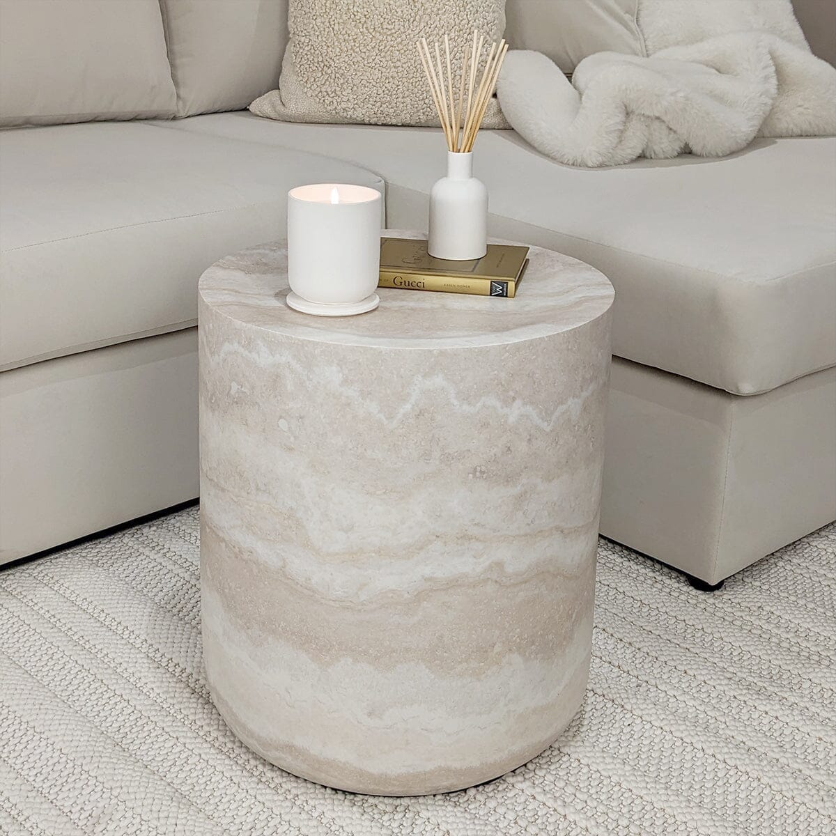 In Stock - Celeste Round Neutral Marble Effect Side Table Furniture 
