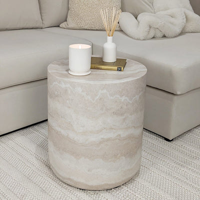 In Stock - Celeste Round Neutral Marble Effect Side Table Furniture 