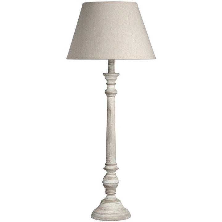 In Stock - Chatsworth Tall Wooden Thin Table Lamp with Neutral Shade 