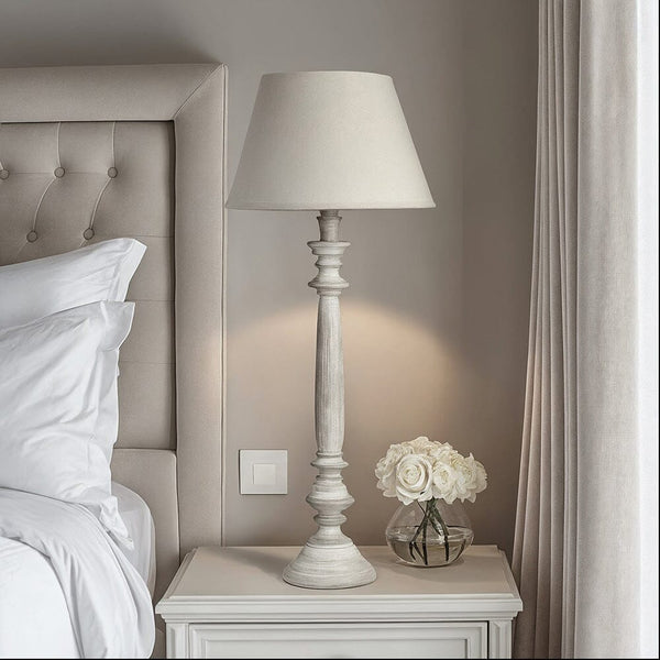 In Stock - Chatsworth Tall Wooden Thin Table Lamp with Neutral Shade 