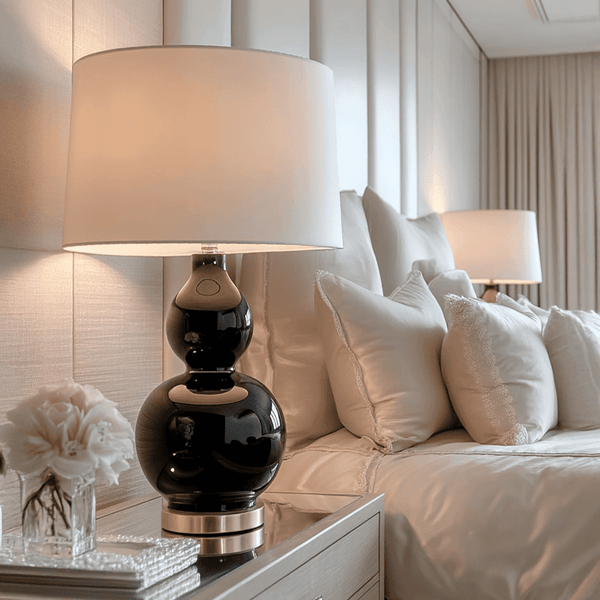 In Stock - Corella Black Curved Ceramic Table Lamp with Gold Base & White Shade 