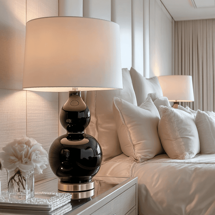 In Stock - Corella Black Curved Ceramic Table Lamp with Gold Base & White Shade 