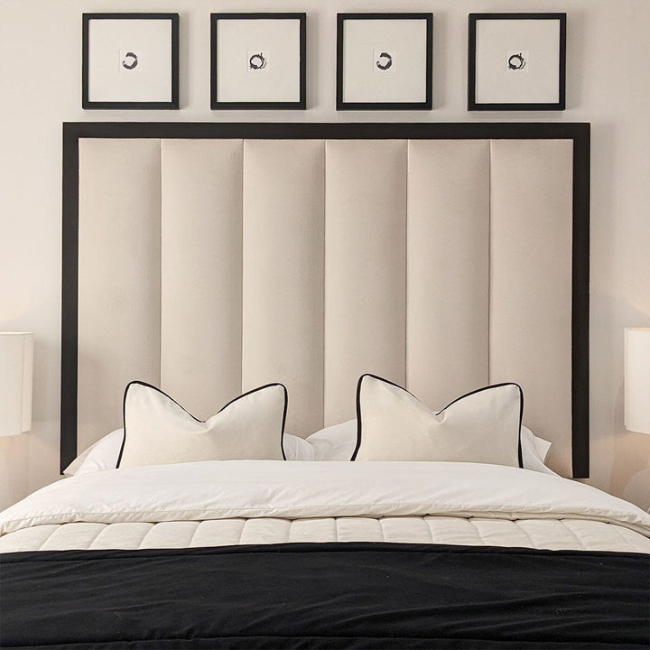 In Stock - Eleanor Premium Cream Velvet Channelled Headboard with Black Wooden Frame MTO Beds and Headboards 