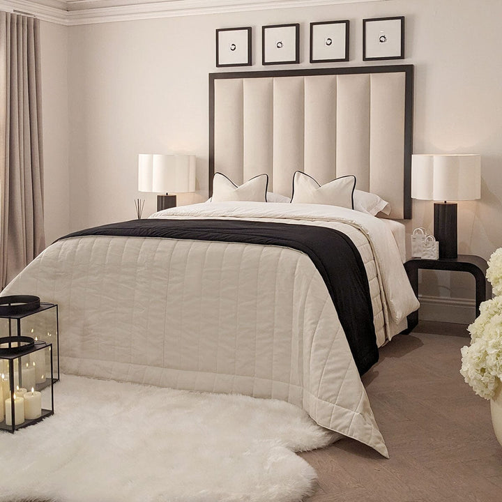 In Stock - Eleanor Premium Cream Velvet Channelled Headboard with Black Wooden Frame MTO Beds and Headboards 