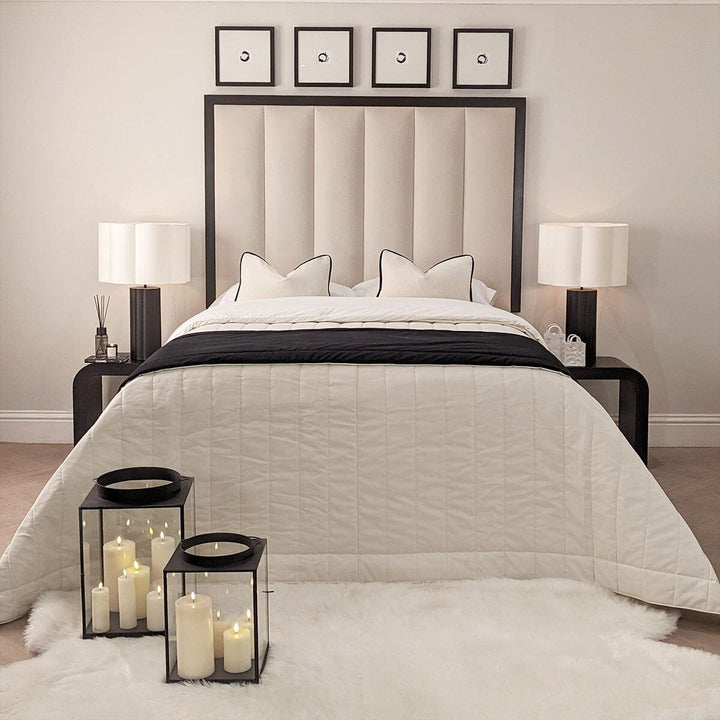 In Stock - Eleanor Premium Cream Velvet Channelled Headboard with Black Wooden Frame MTO Beds and Headboards 