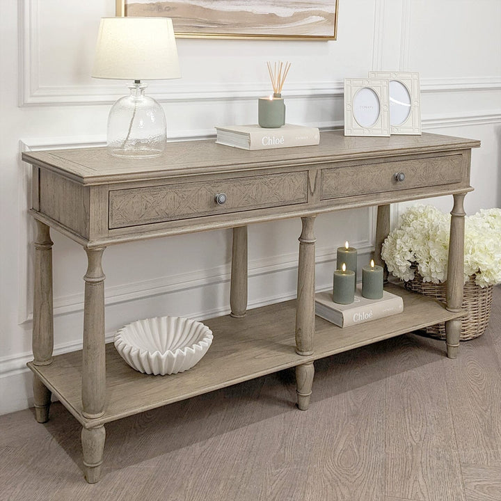 In Stock - Elysium Natural Wood Large 2 Drawer Console Table Furniture 