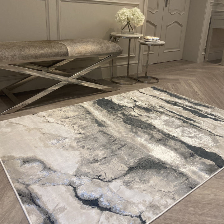 In Stock - Glacial Cream & Grey Marble Wash Velvet Rug - 80 x 150cm Textiles 