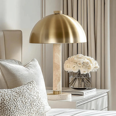 In Stock - Hannah Travertine Marble Table Lamp with Brushed Gold Shade Lighting 