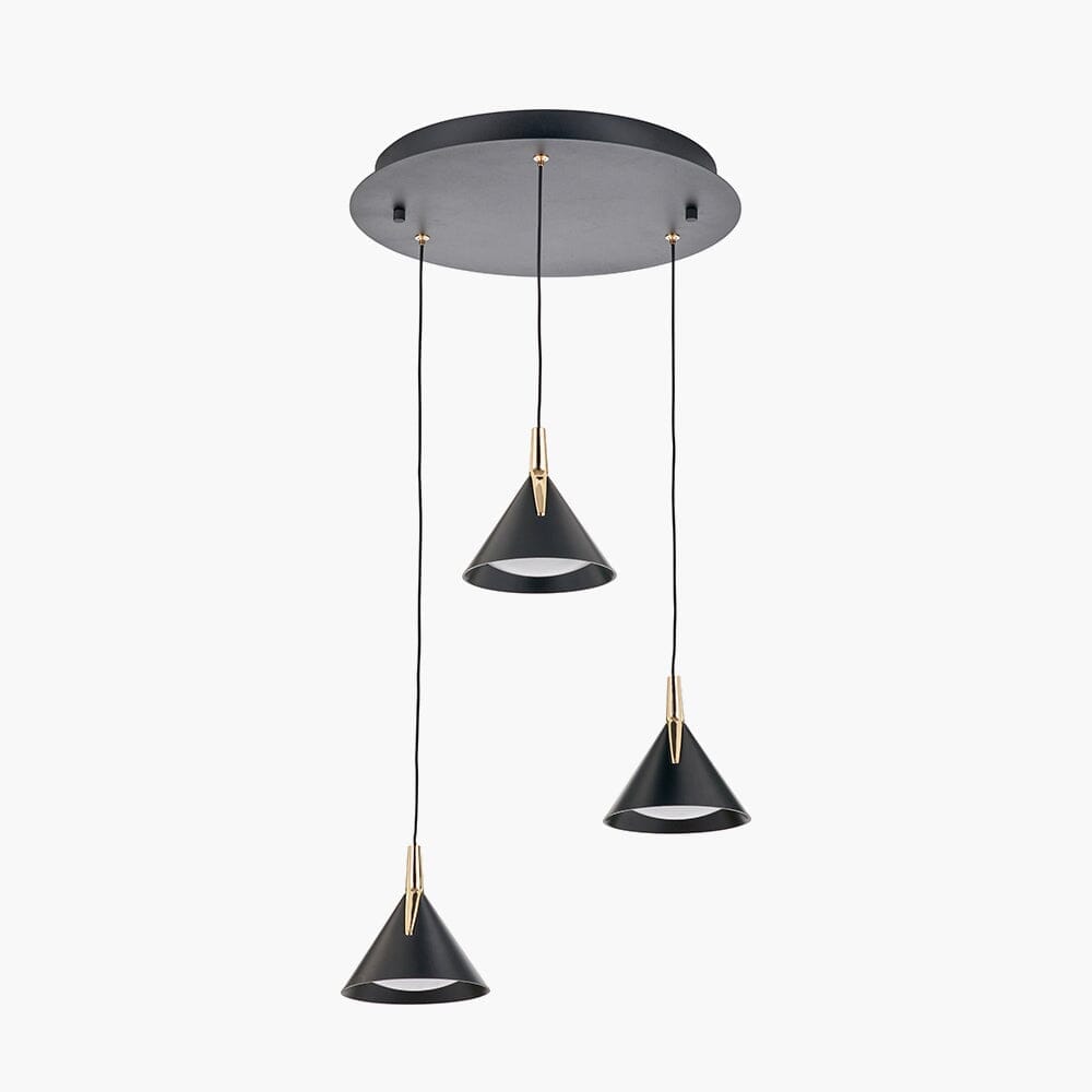 In Stock - Imogen Matt Black & Gold 3 Drop Round Pendant Ceiling Light Lighting 