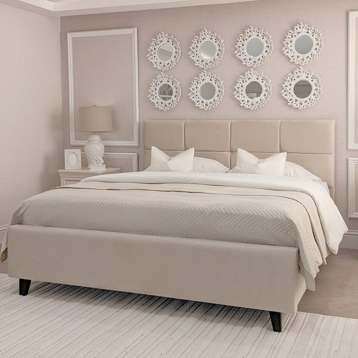 In Stock - Isabella Luxury Vanilla Velvet Upholstered Bed - Super King 