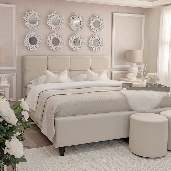 In Stock - Isabella Luxury Vanilla Velvet Upholstered Bed - Super King 