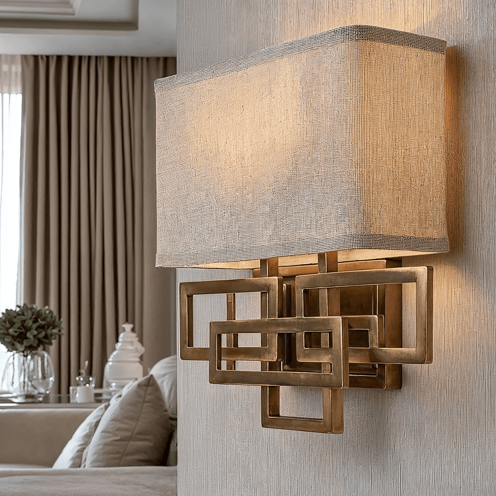 In Stock - Jennifer Brushed Brass 2 Light Wall Light with Linen Shade 
