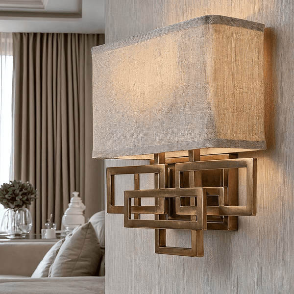 In Stock - Jennifer Brushed Brass 2 Light Wall Light with Linen Shade 