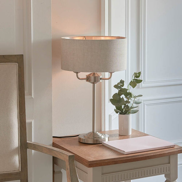 In Stock - Juniper 3 Light Chrome Table Lamp with Neutral Shade Lighting 