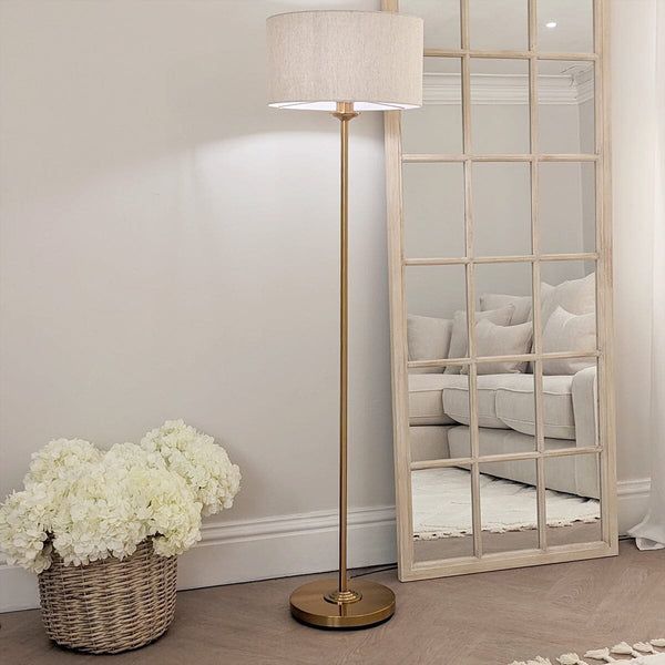 In Stock - Juniper Brass Floor Lamp with Neutral Shade 