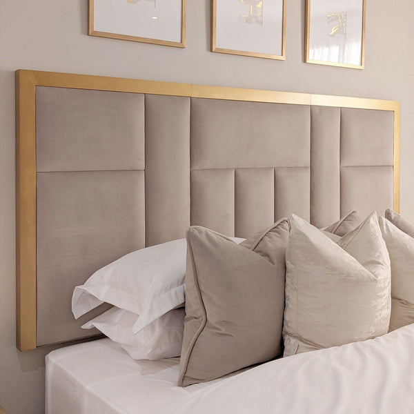 In Stock - Kensington Mink & Gold Premium Abstract Half Height Headboard - Super King Beds and Headboards 