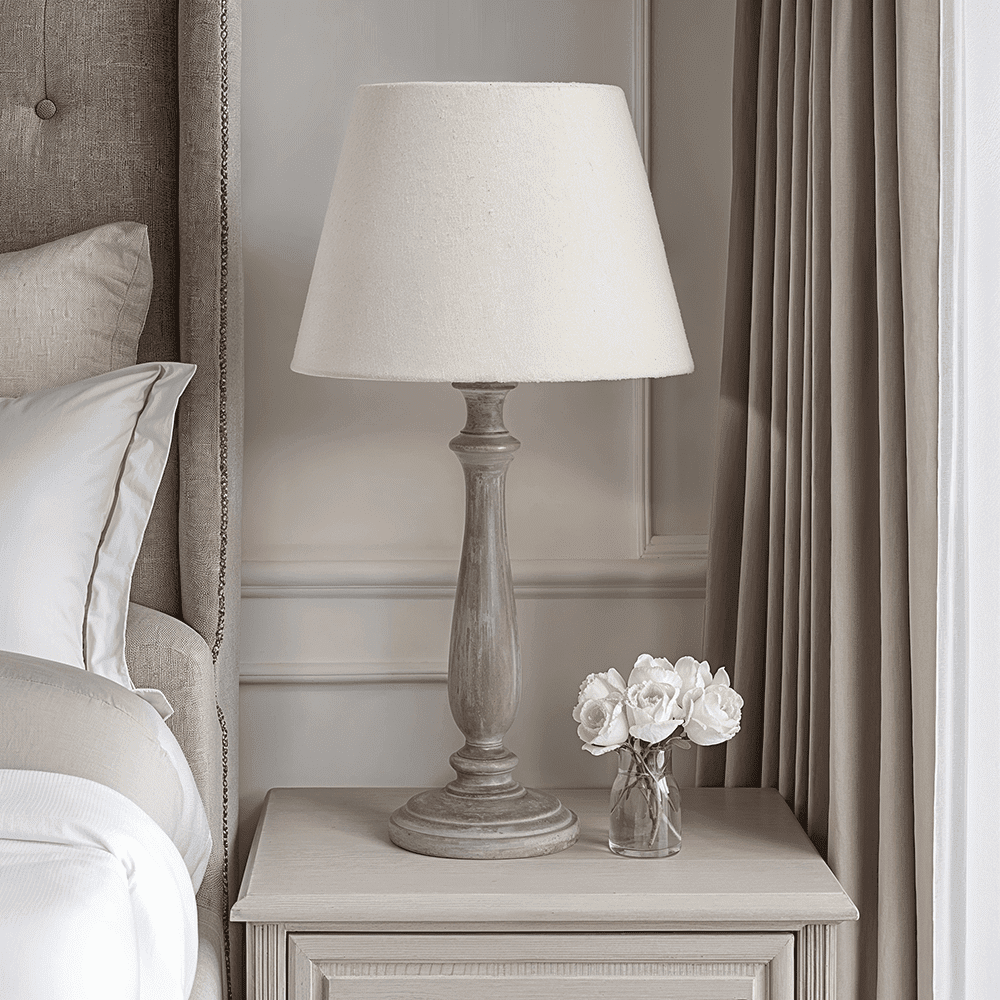 In Stock - Kenwood Washed Wood Table Lamp with Neutral Shade Lighting 
