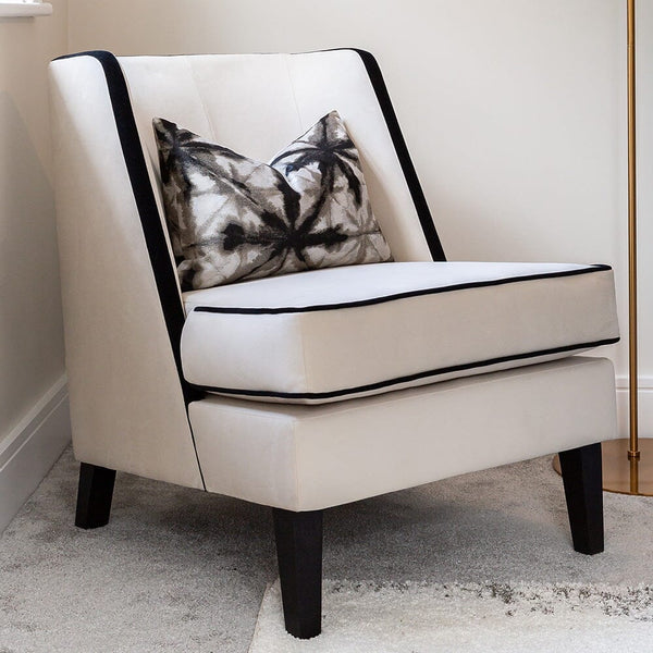 In Stock - Knightsbridge Cream Velvet Accent Chair With Black Piping MTO Sofa 