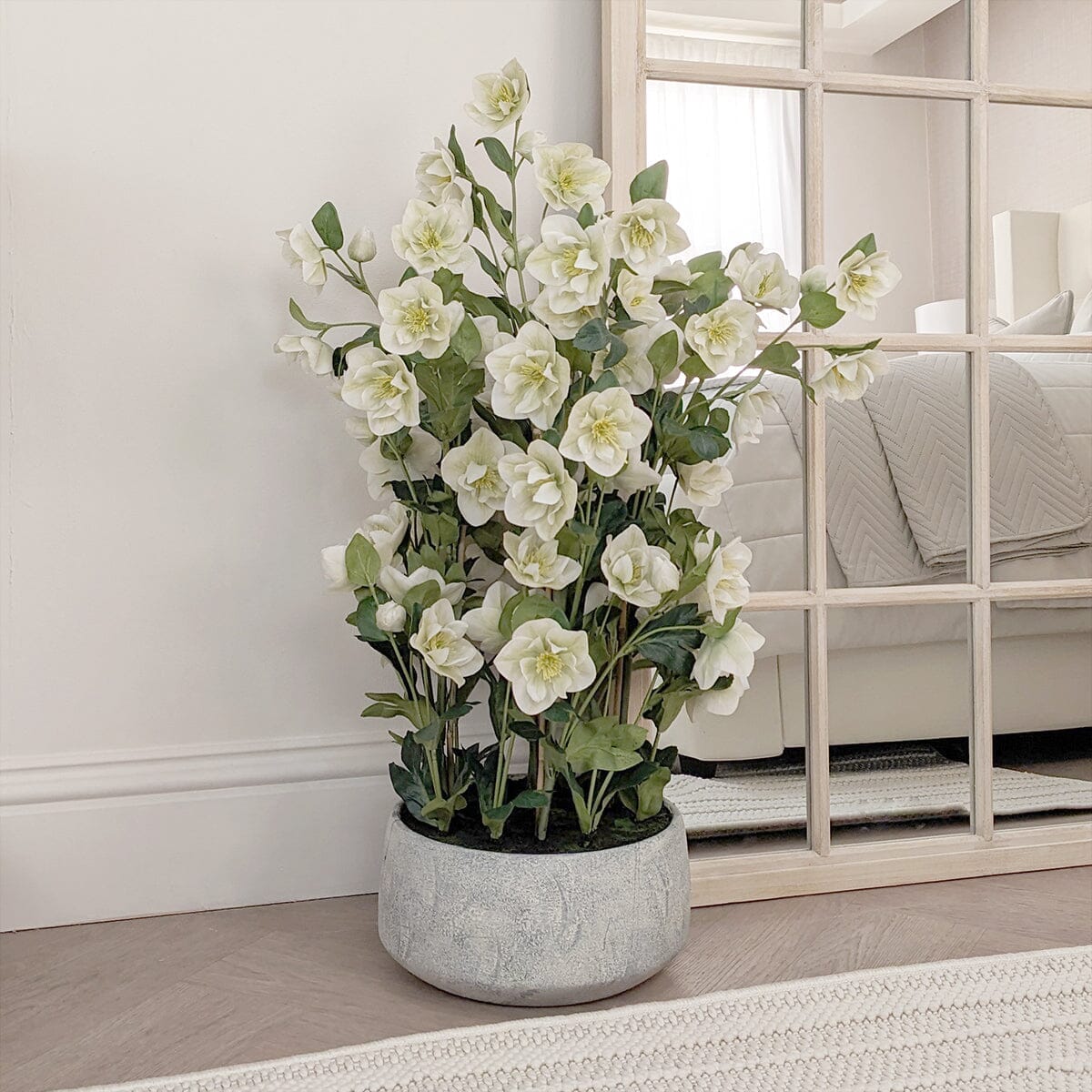In Stock - Large Faux White Hellebore Plant in Stone Pot 