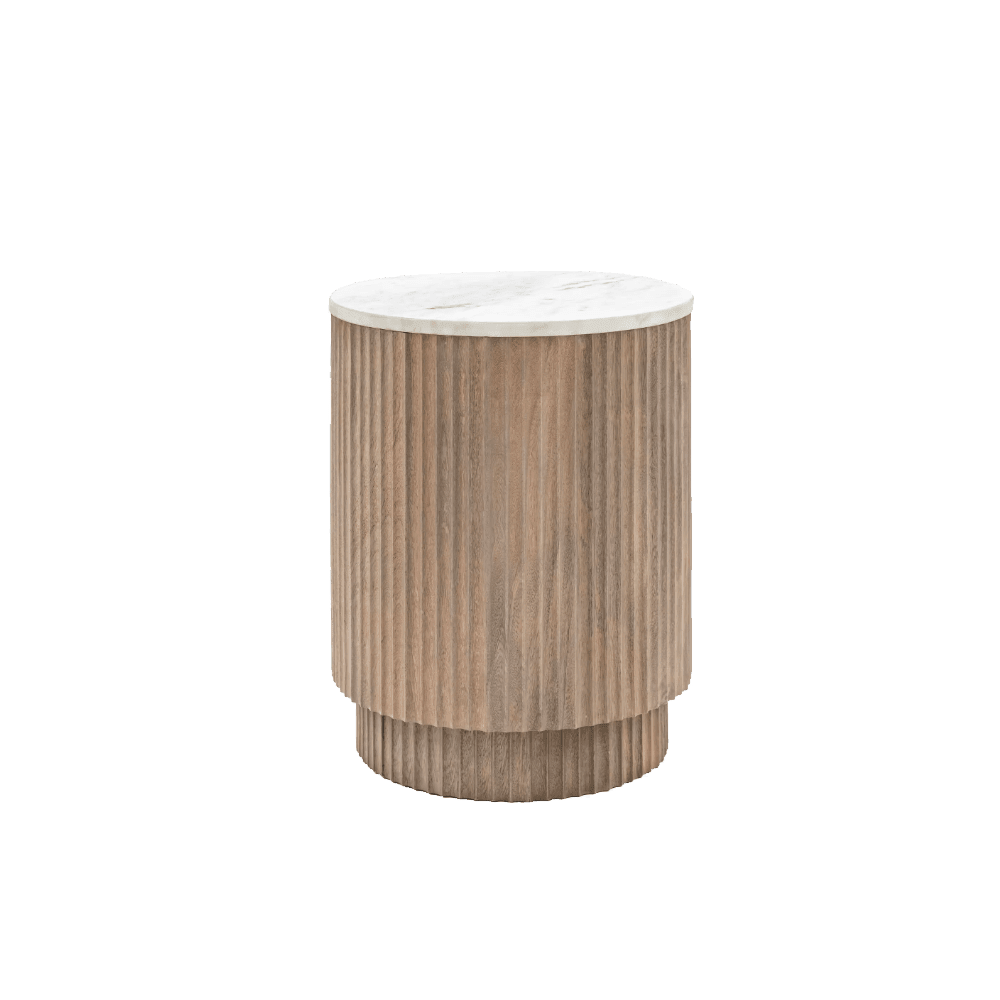 In Stock - Luna Mango Wood Ribbed Round Side Table with Marble Top Furniture 