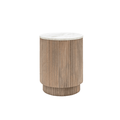 In Stock - Luna Mango Wood Ribbed Round Side Table with Marble Top Furniture 