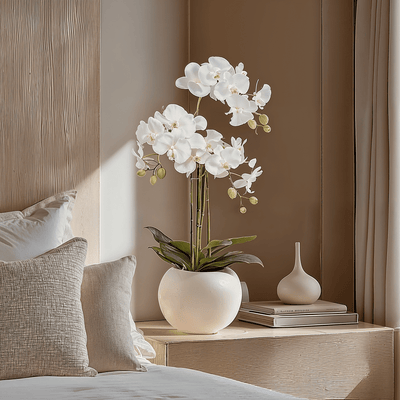 In Stock - Medium White Faux Potted Orchid Decorative Floral Accessories 