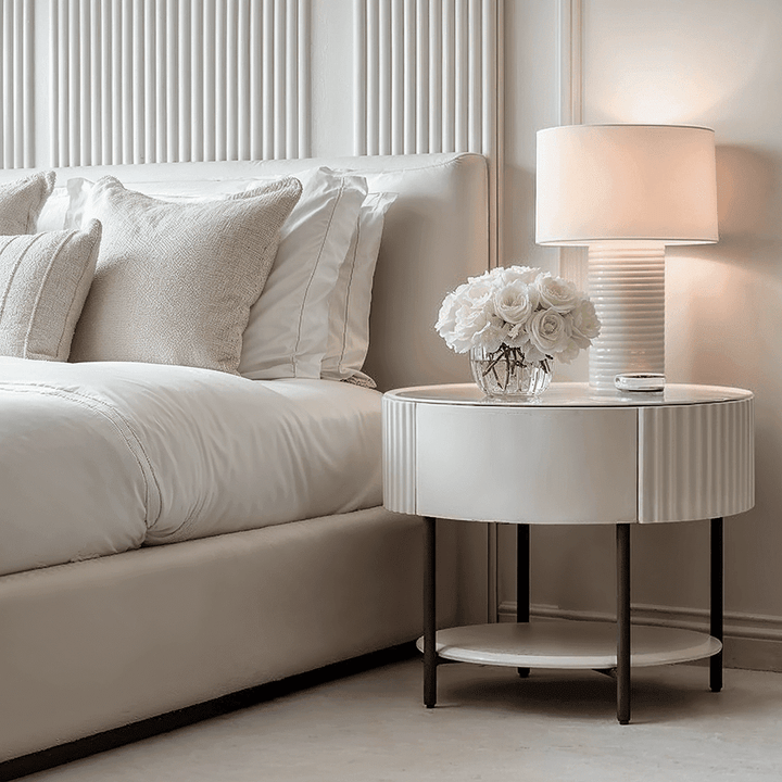 In Stock - Mirabel Beige & Black Luxury Rounded Bedside Table 