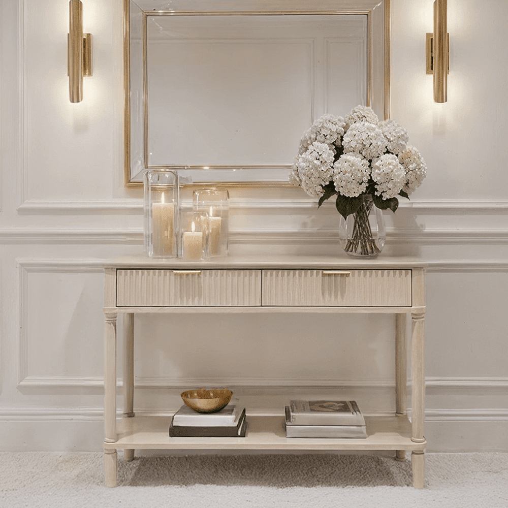 In Stock - Nydia Cream Ribbed 2 Drawer Console Table Furniture 